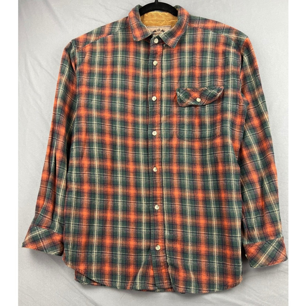 Legendary Whitetails Flannel Shirt Mens L Plaid Orange Green Corduroy Trim Good